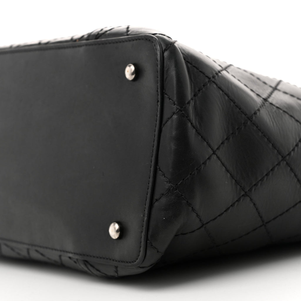 Lambskin Stitched Shopping Tote Black