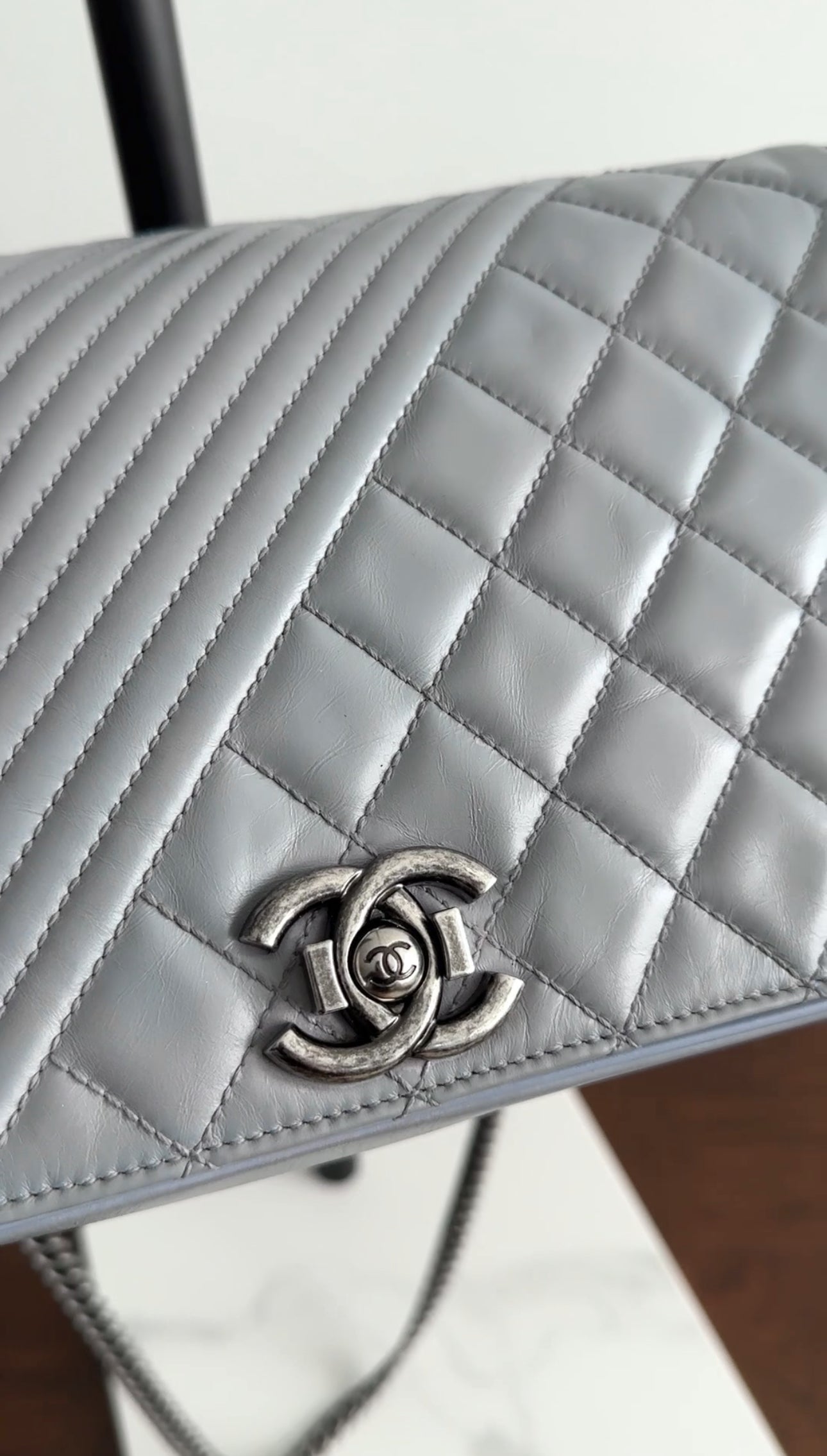 Chanel Grey Leather Coco Boy Medium Flap Bag
