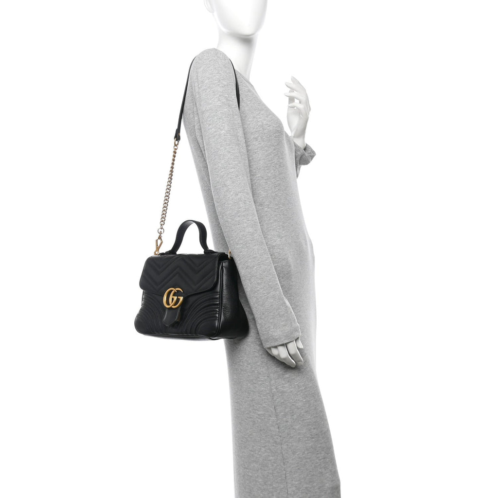 Calfskin Matelasse Small GG Marmont Top Handle Shoulder Bag Black