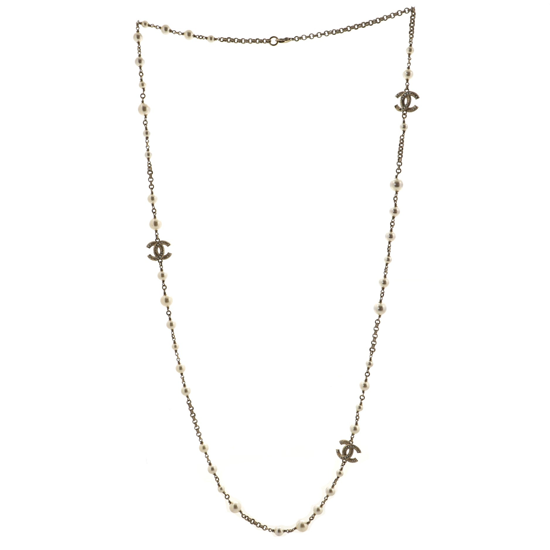 CC Long Necklace Faux Pearls and Metal