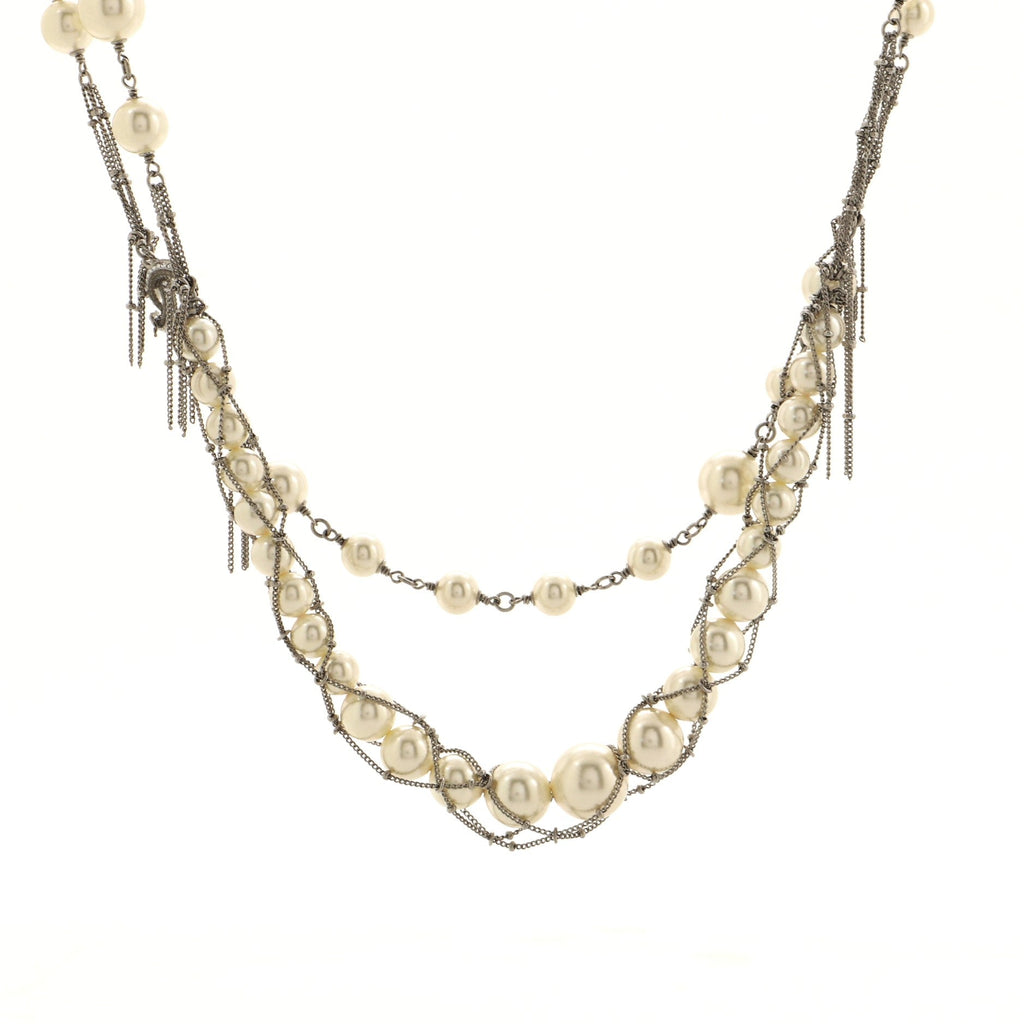 CC Multistrand Long Necklace Metal with Faux Pearls