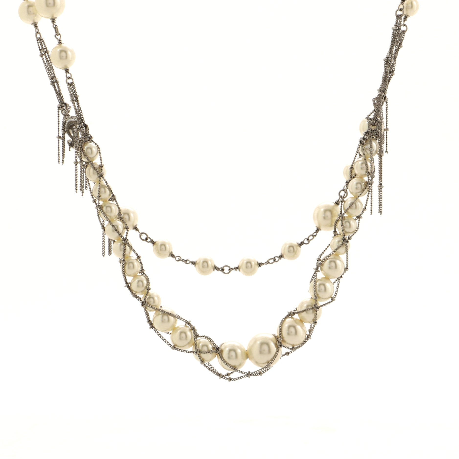 CC Multistrand Long Necklace Metal with Faux Pearls