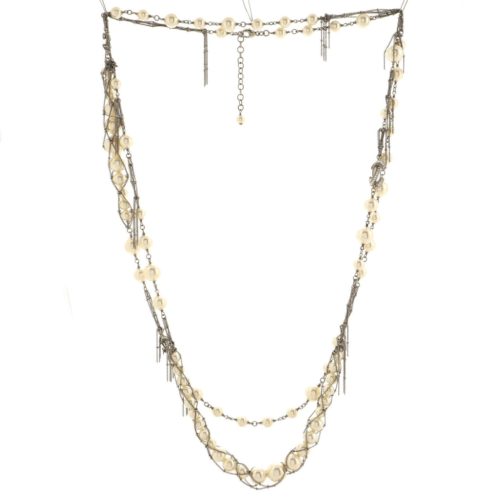 CC Multistrand Long Necklace Metal with Faux Pearls