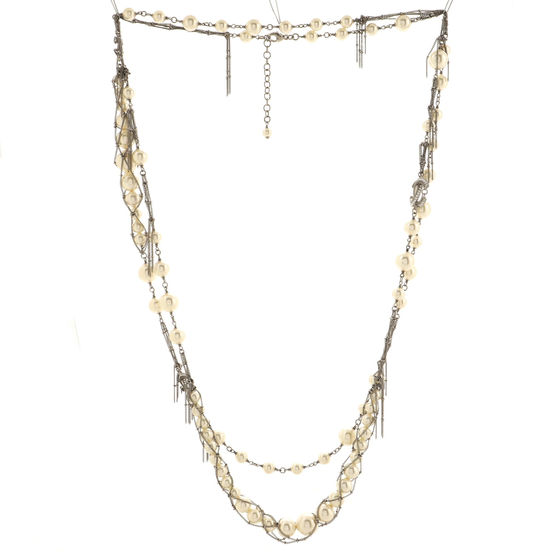 CC Multistrand Long Necklace Metal with Faux Pearls