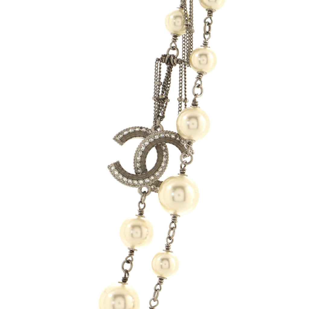 CC Multistrand Long Necklace Metal with Faux Pearls