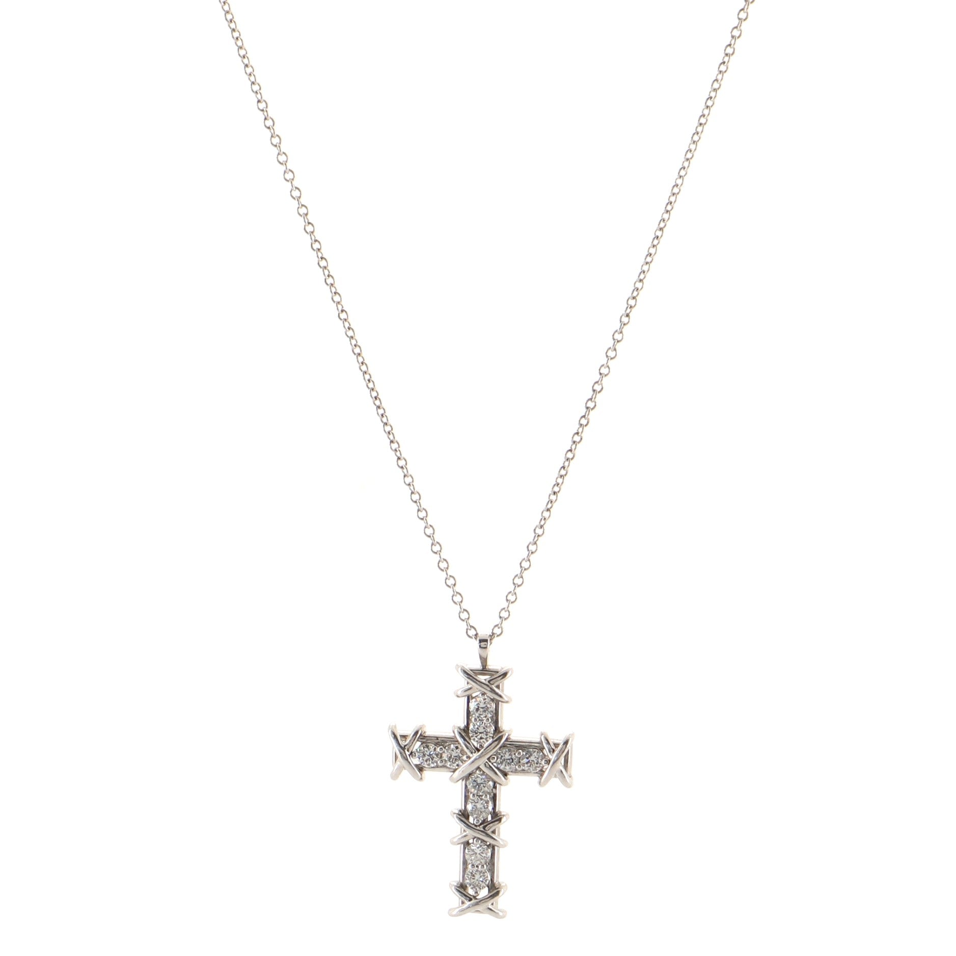 Schlumberger Ten Stone Cross Pendant Necklace Platinum and Diamonds