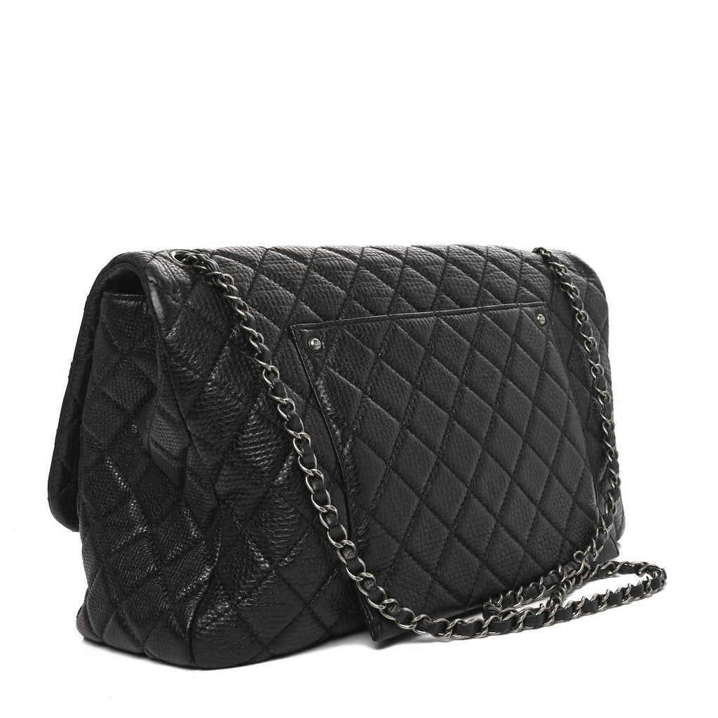 Grained Calfskin Quilted Small XXL Travel Flap Bag Black