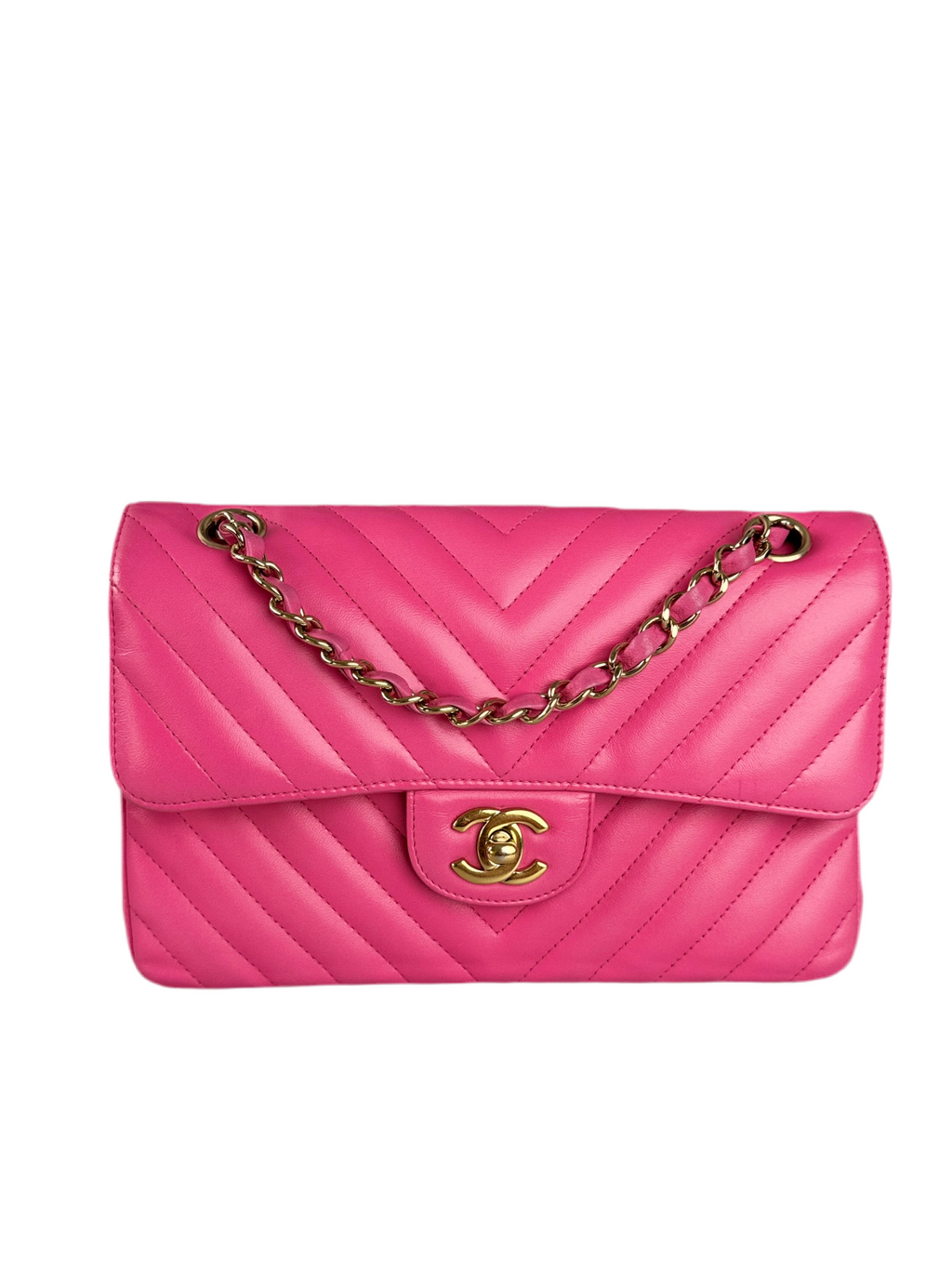 Chanel Small Pink Classic Double Flap Bag in Chevron Lambskin Leather with Gold Hardware