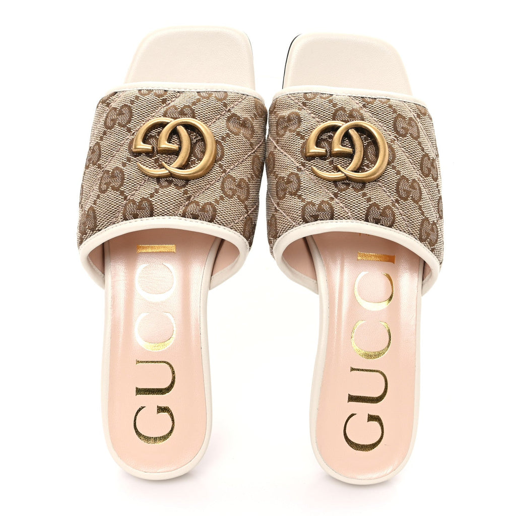 Monogram Matelasse Diagonal GG Marmont Flat Slide Sandals 35 Beige Ebony Mystic White