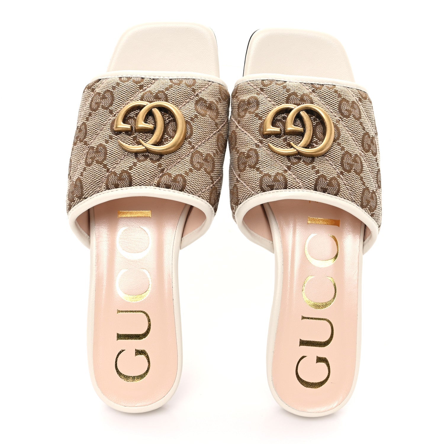 Monogram Matelasse Diagonal GG Marmont Flat Slide Sandals 35 Beige Ebony Mystic White