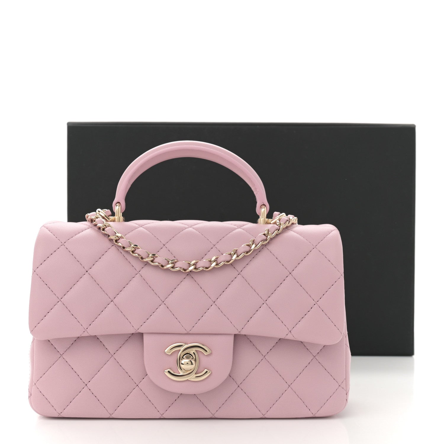 Lambskin Quilted Mini Top Handle Rectangular Flap Light Pink