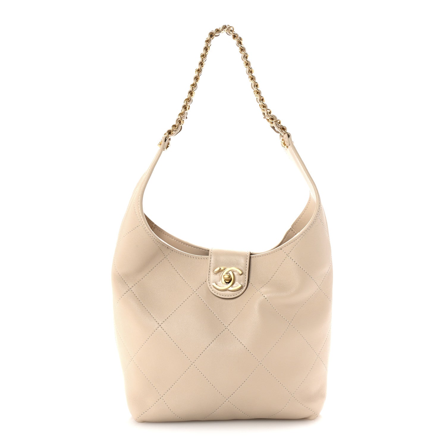 Shiny Lambskin Quilted Small Hobo Beige