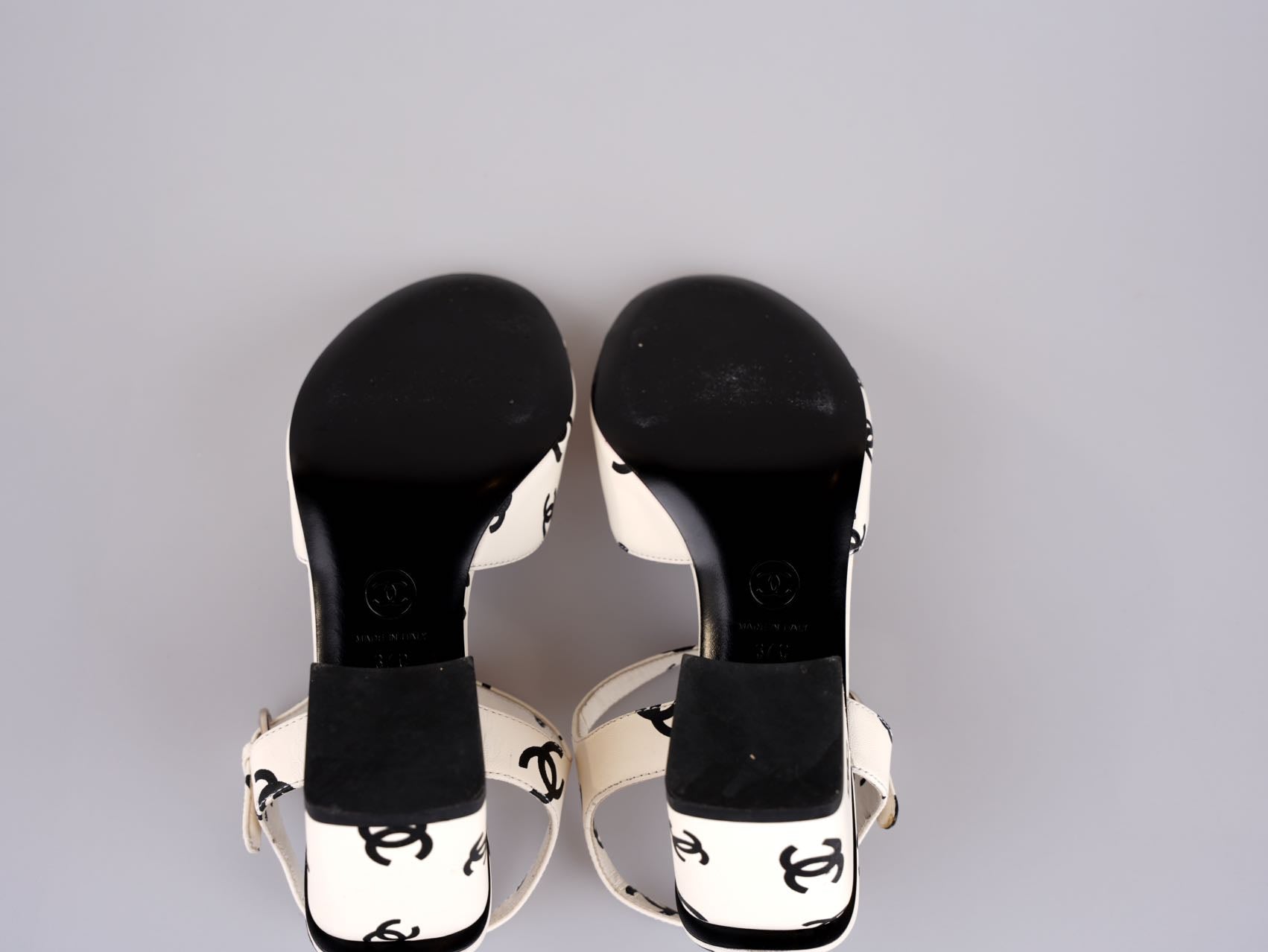 Chanel Printed Lambskin CC Platform Sandals White Black Size 37C