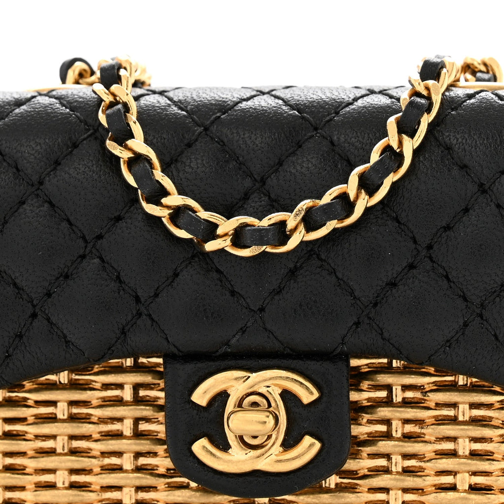 Woven Metal Lambskin Quilted Micro Flap Black Gold