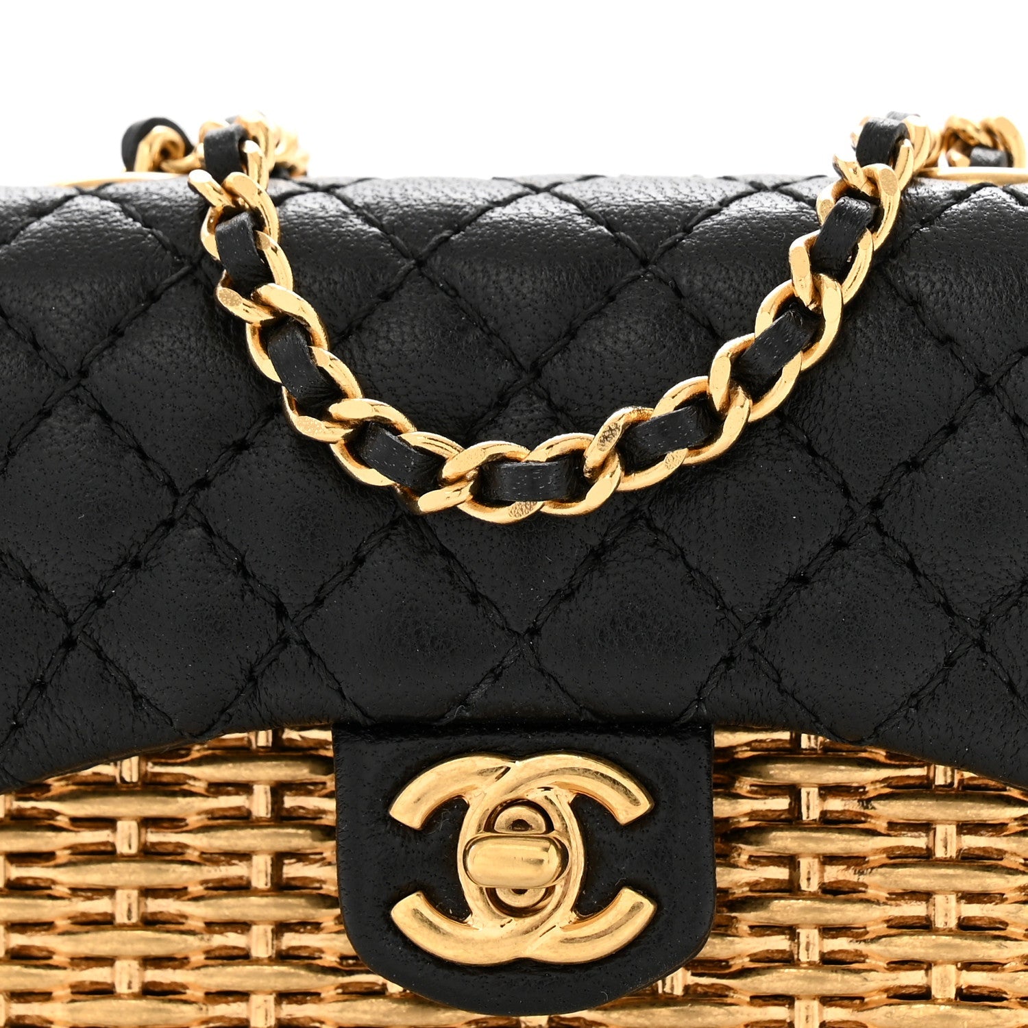 Woven Metal Lambskin Quilted Micro Flap Black Gold