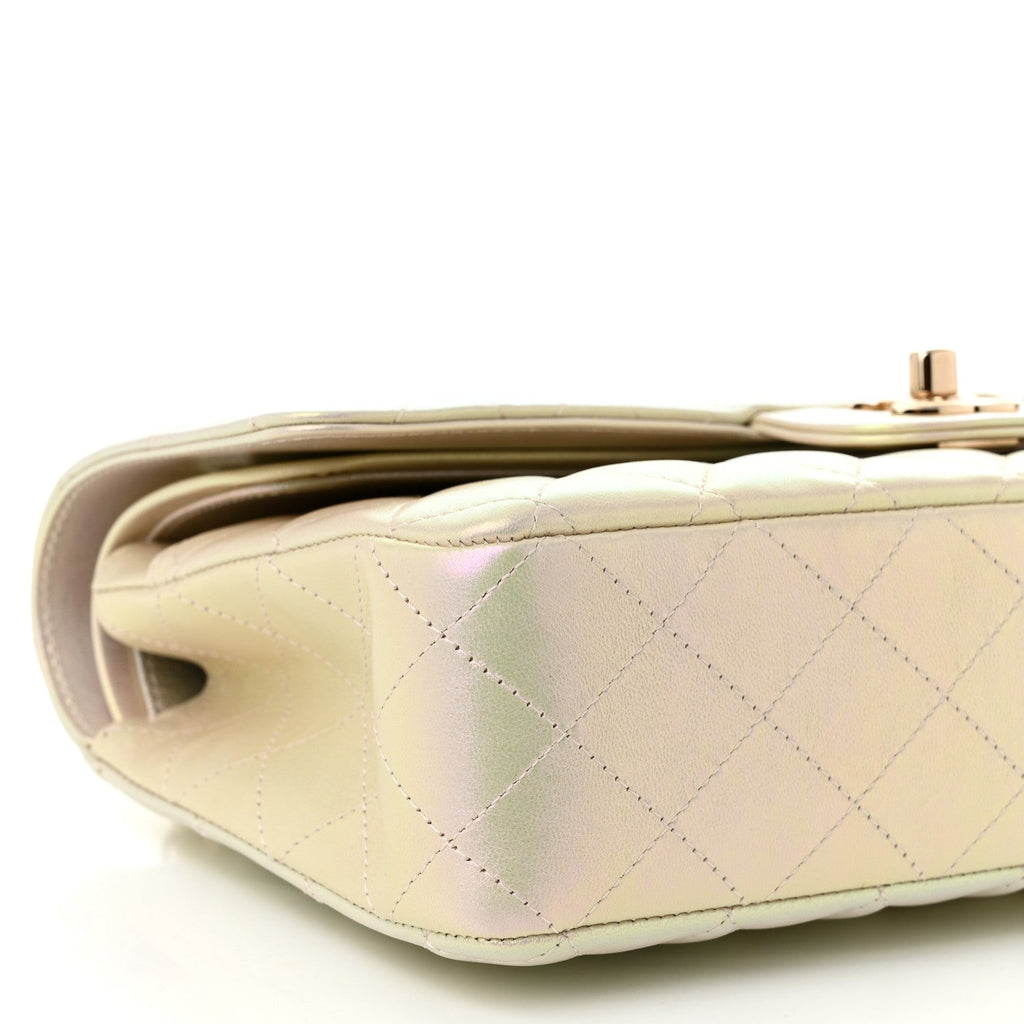 Iridescent Lambskin Quilted Medium Double Flap Ivory