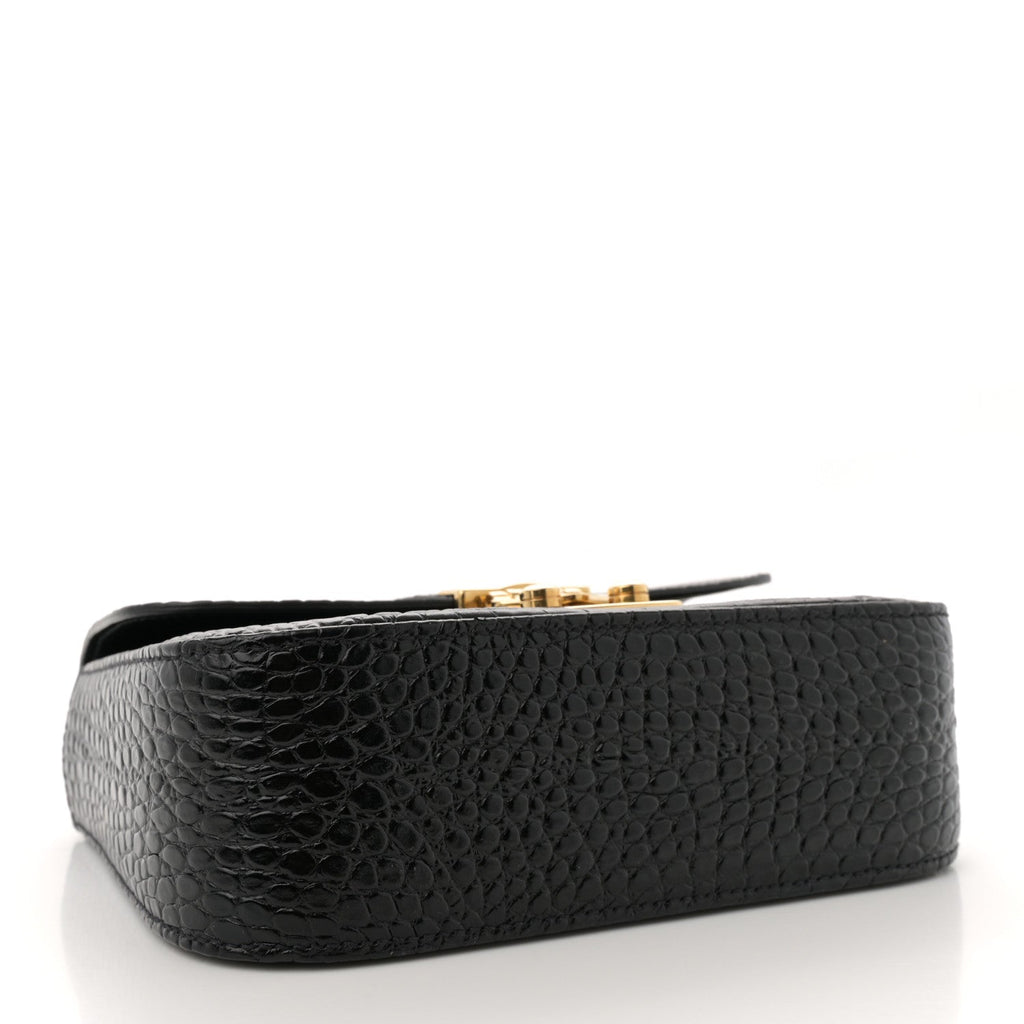 Crocodile Print Calfskin Top Handle Bag Black