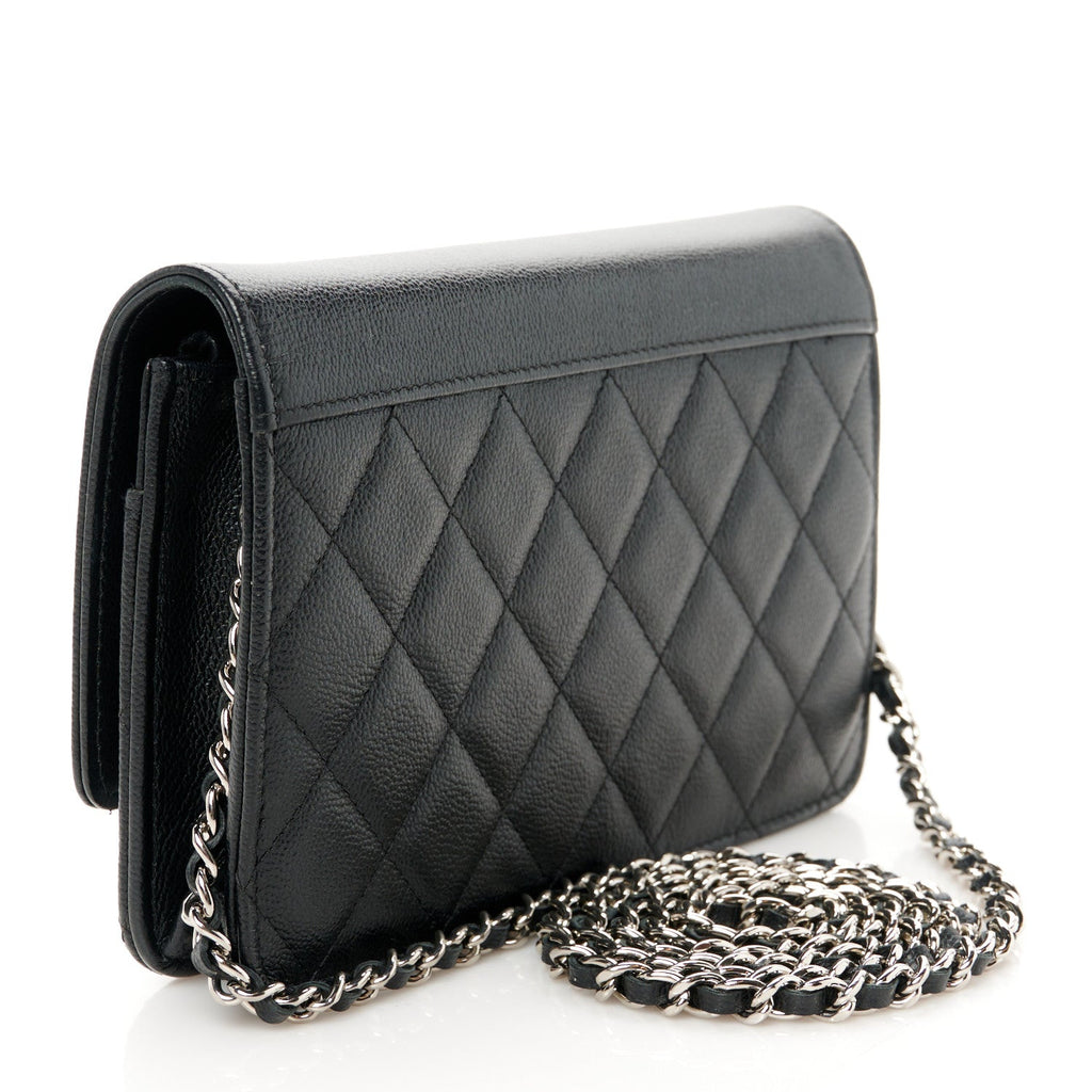 Grained Calfskin Quilted CC Box Wallet On Chain WOC Black