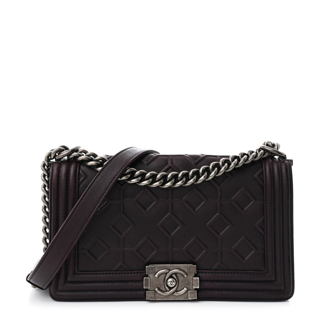 Calfskin Crystal Embossed Medium Boy Flap Plum