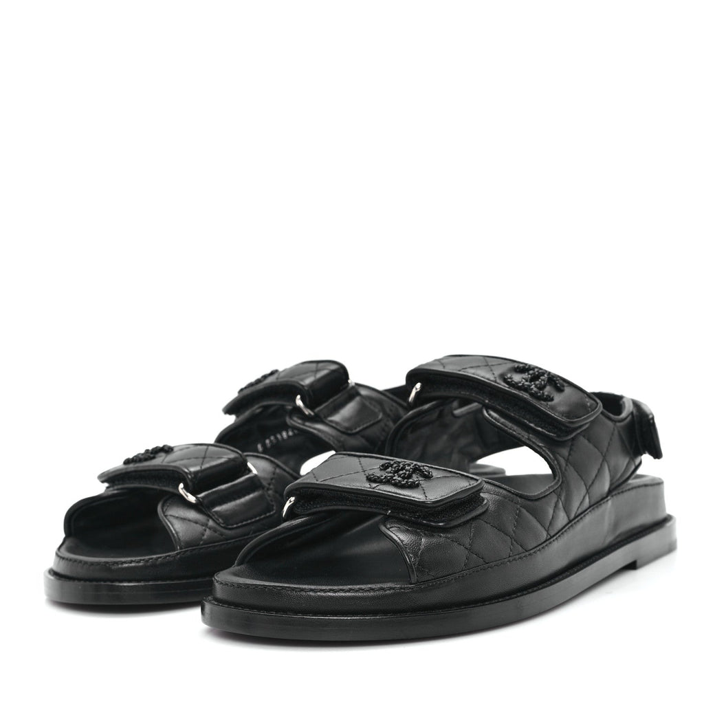 Lambskin Quilted Velcro Dad Sandals 37.5 So Black