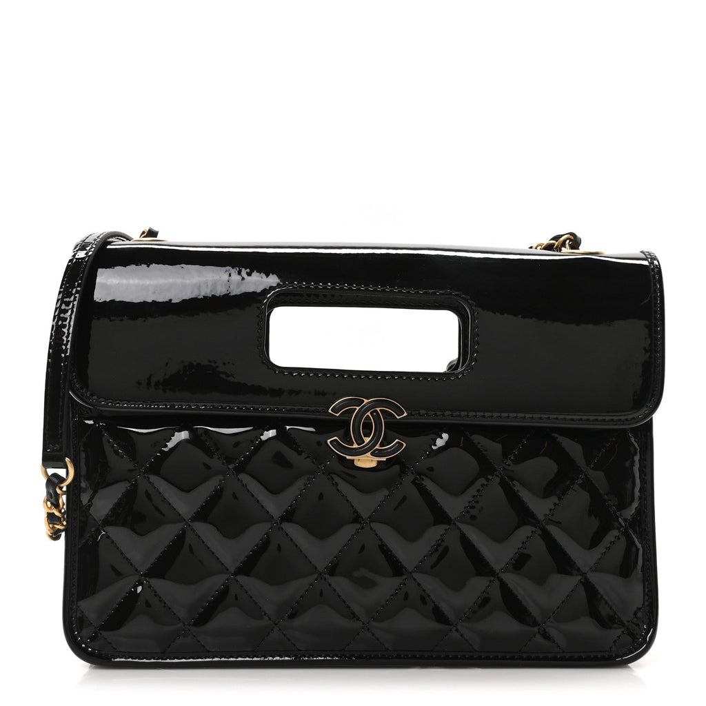 Patent Quilted Graphic Catch Flap Black
