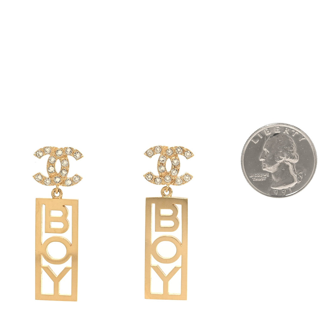 Metal Crystal CC Boy Drop Earrings Gold