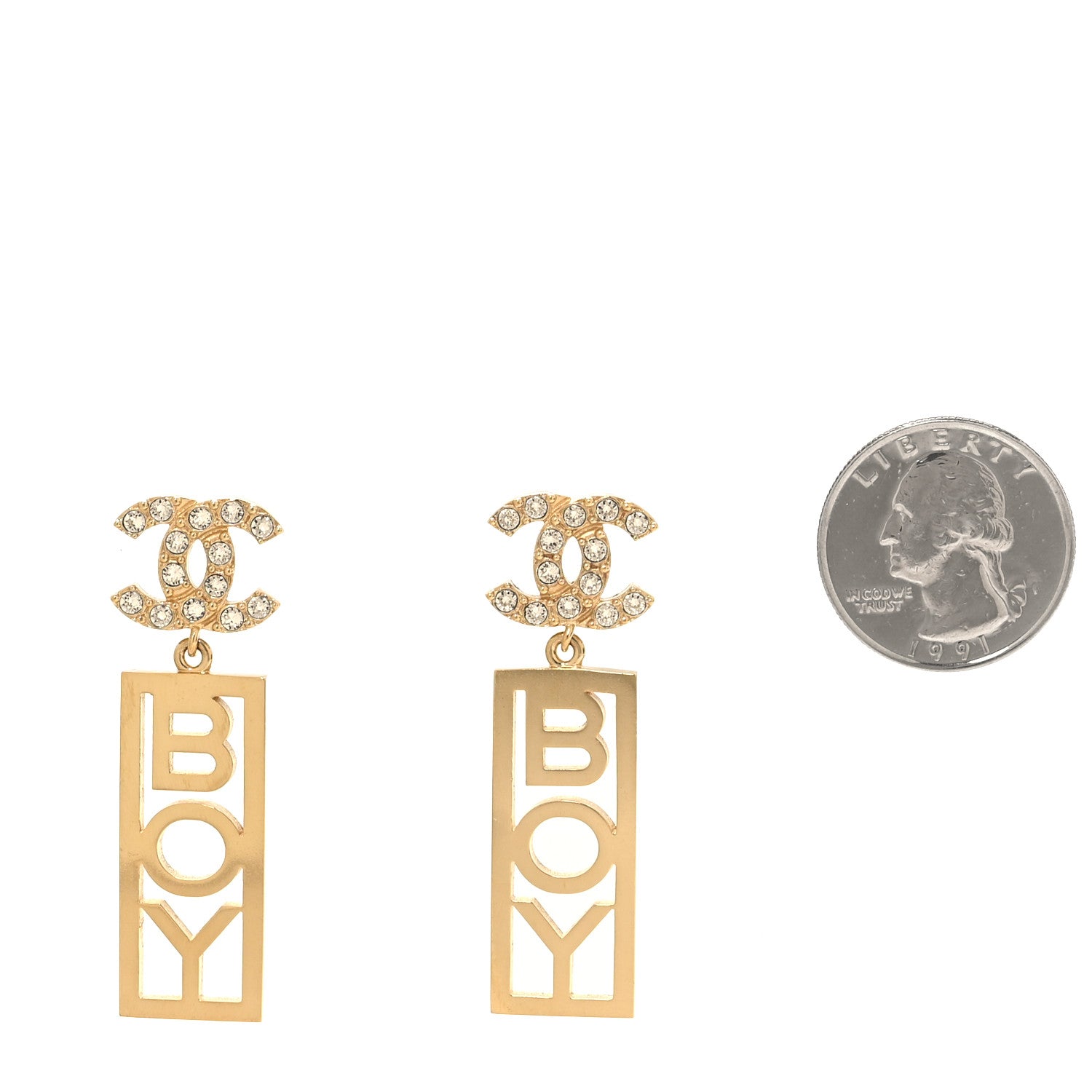 Metal Crystal CC Boy Drop Earrings Gold