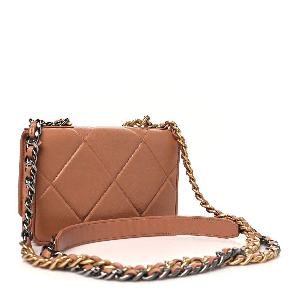 Lambskin Quilted Chanel 19 Wallet On Chain WOC Brown