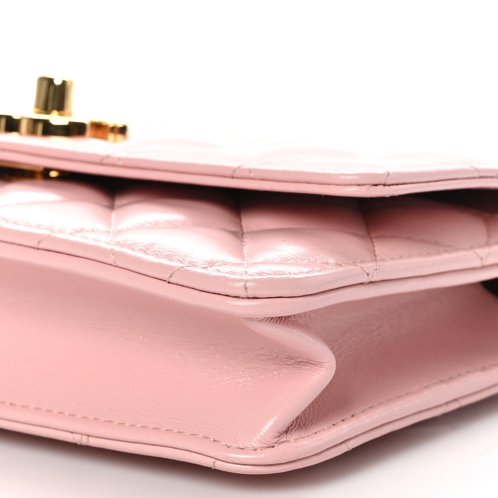 Shiny Lambskin Quilted Golden Links Wallet On Chain WOC Light Pink