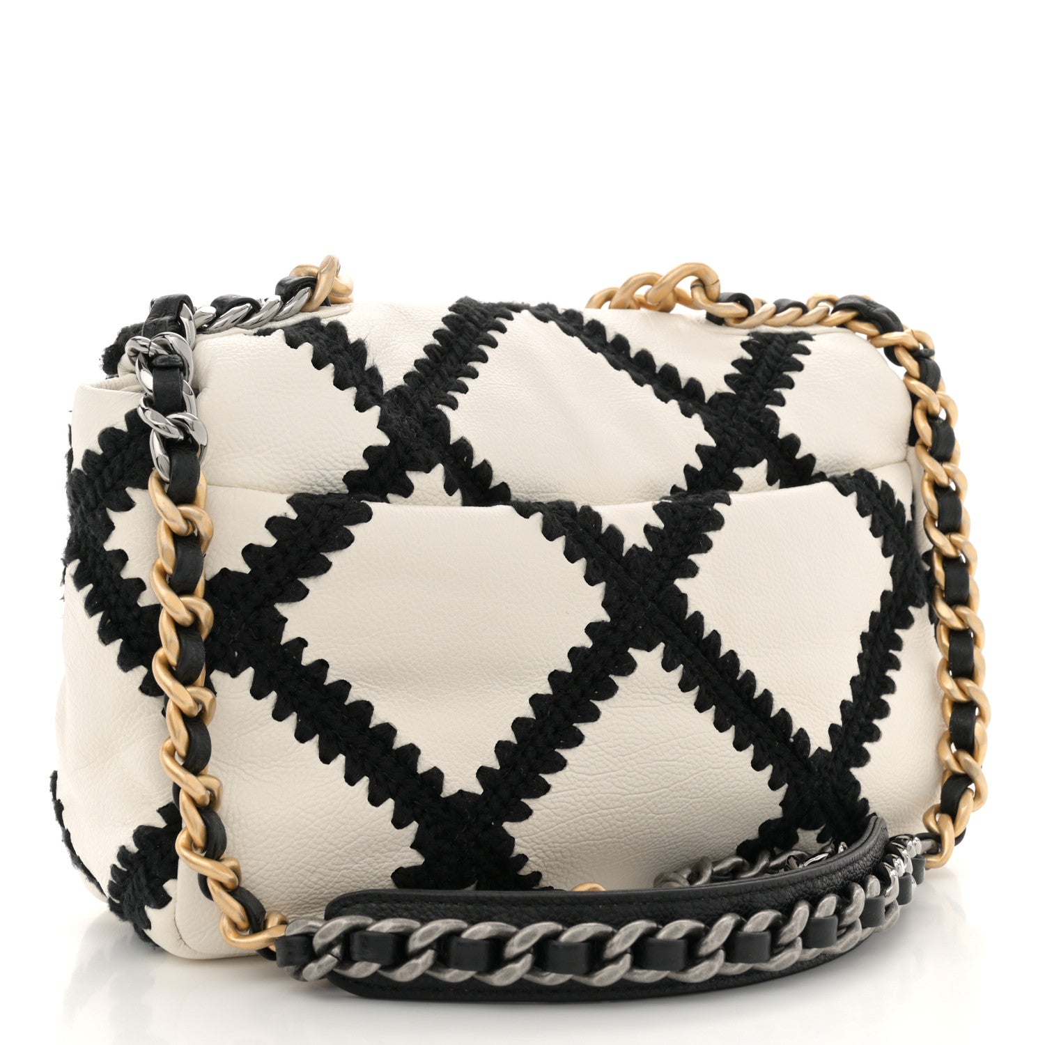 Calfskin Crochet Medium Chanel 19 Flap White Black