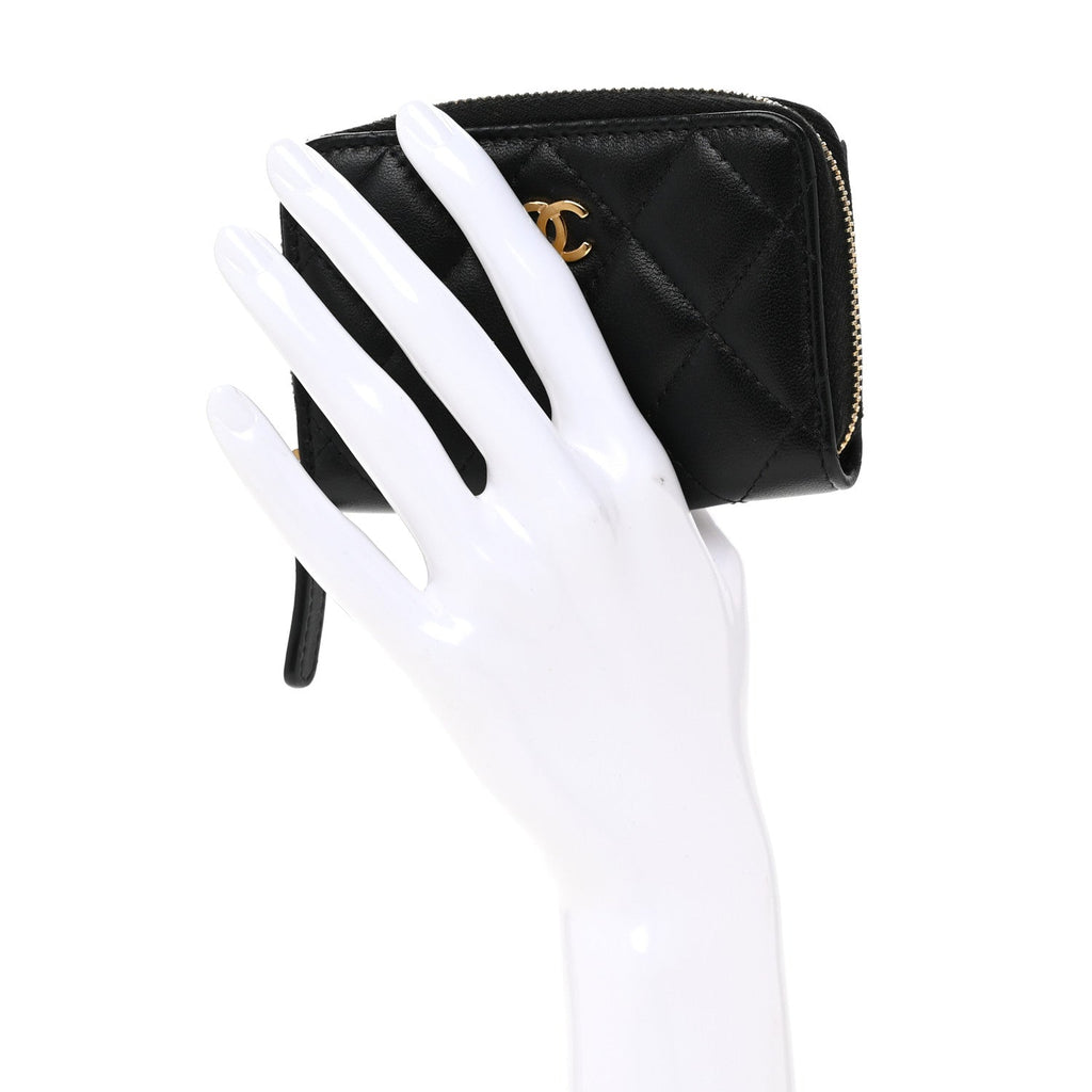 Lambskin Quilted Zip Coin Purse Black