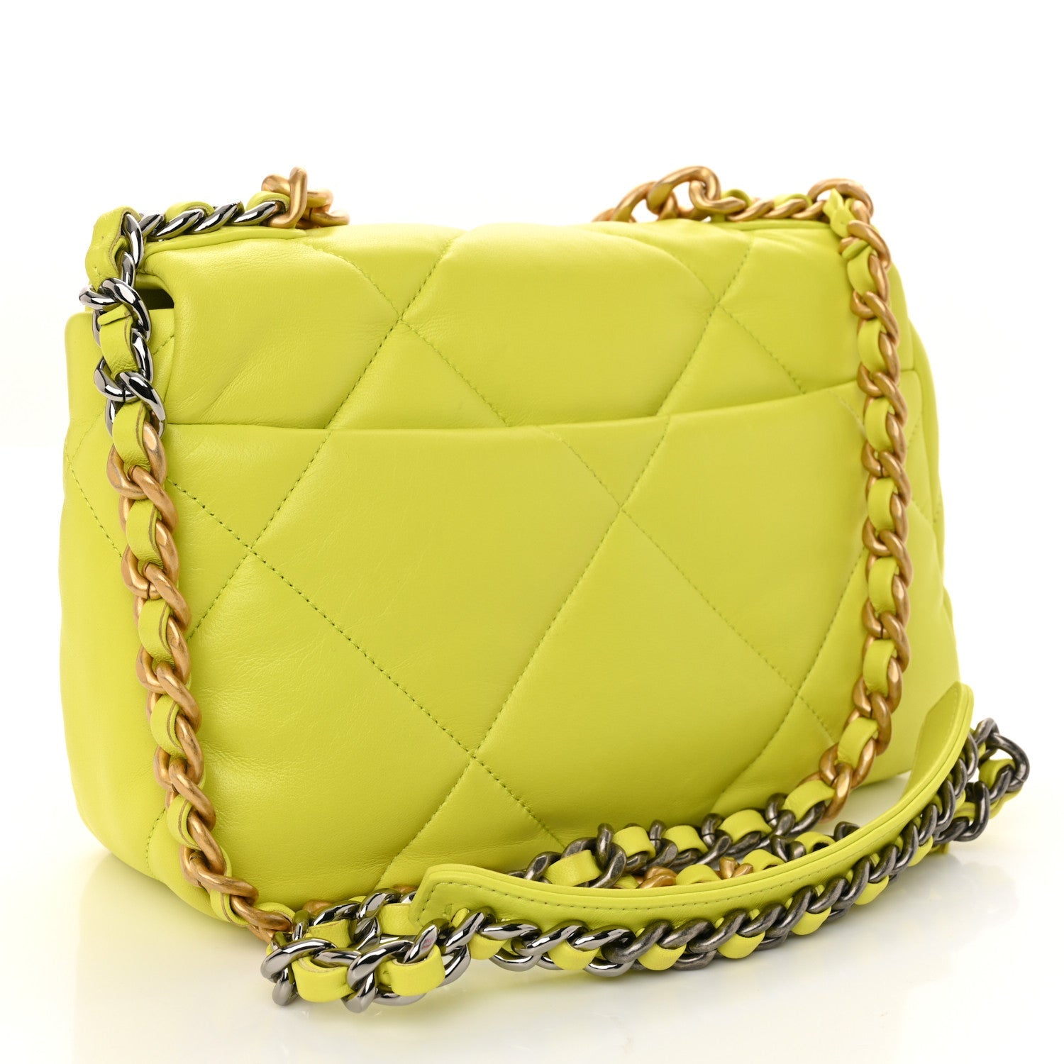 Shiny Lambskin Quilted Medium Chanel 19 Flap Neon Yellow