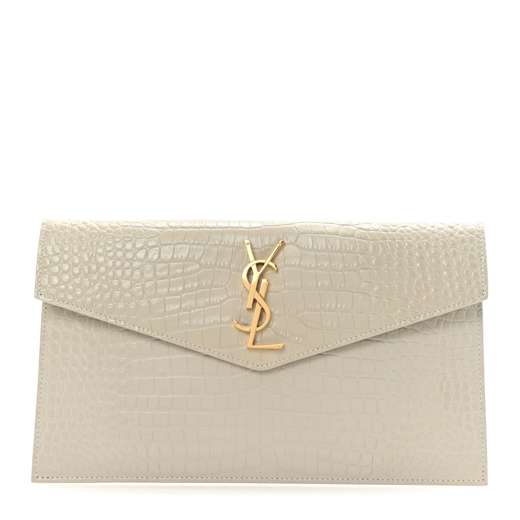 Calfskin Crocodile Embossed Uptown Monogram Clutch Crema Soft