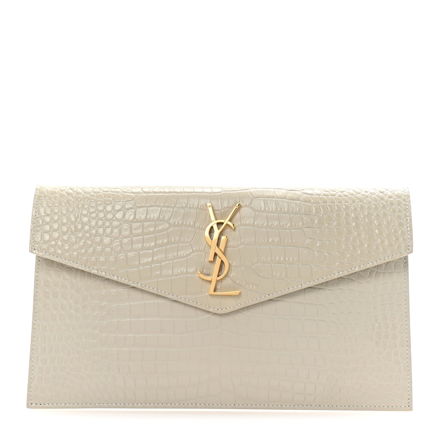 Calfskin Crocodile Embossed Uptown Monogram Clutch Crema Soft