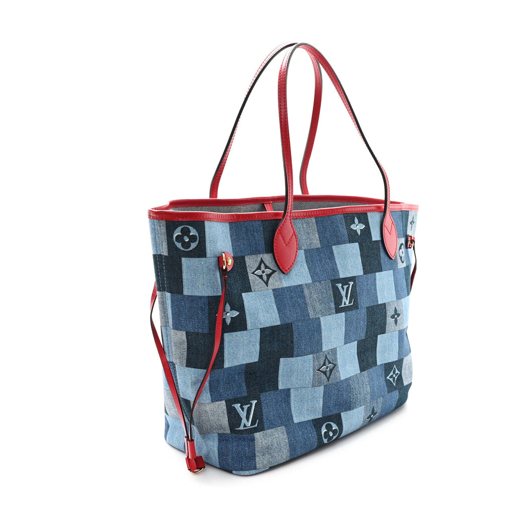 Denim Damier Monogram Patchwork Neverfull Blue Rouge