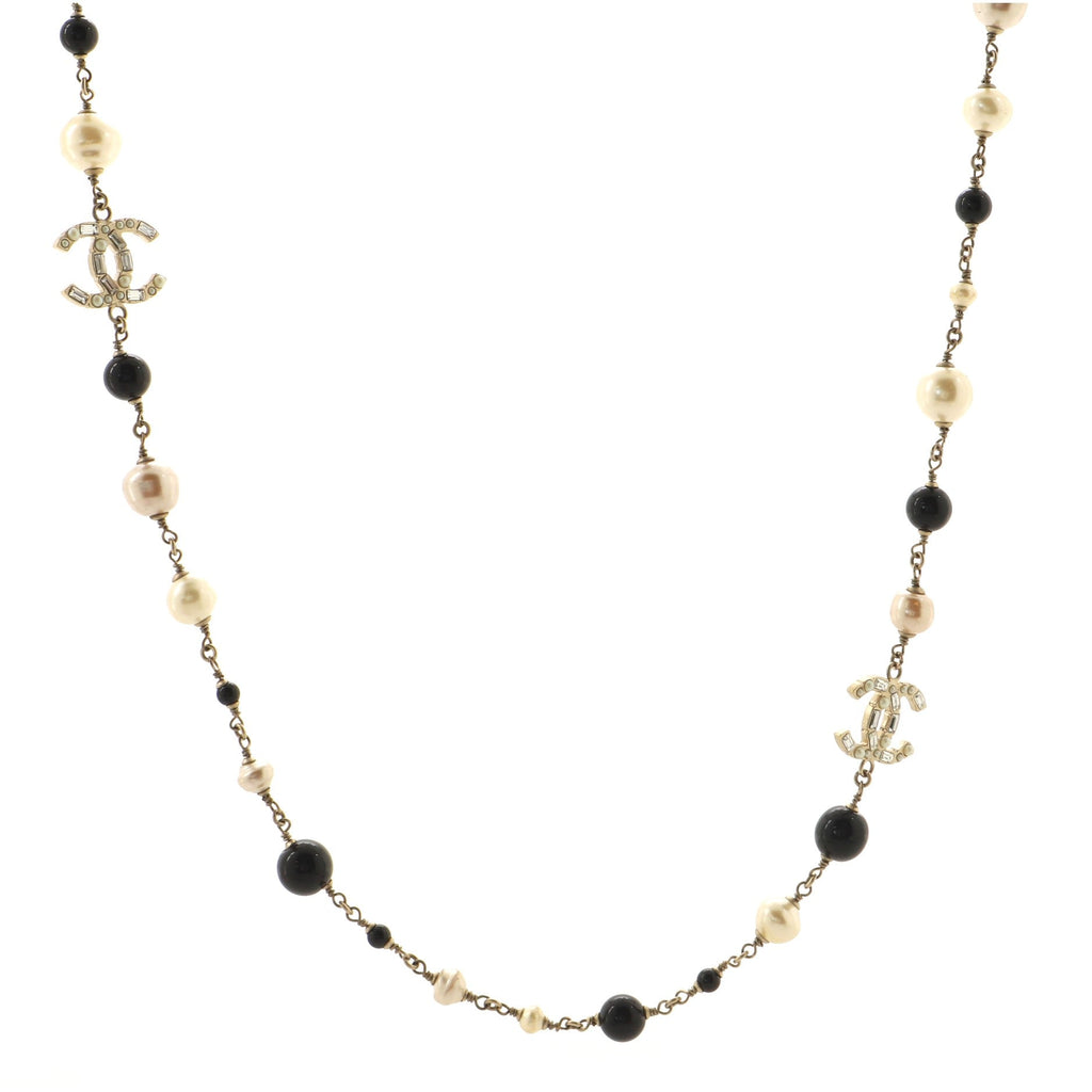 Long CC Necklace Faux Pearl with Beads and Crystal Embellished Metal