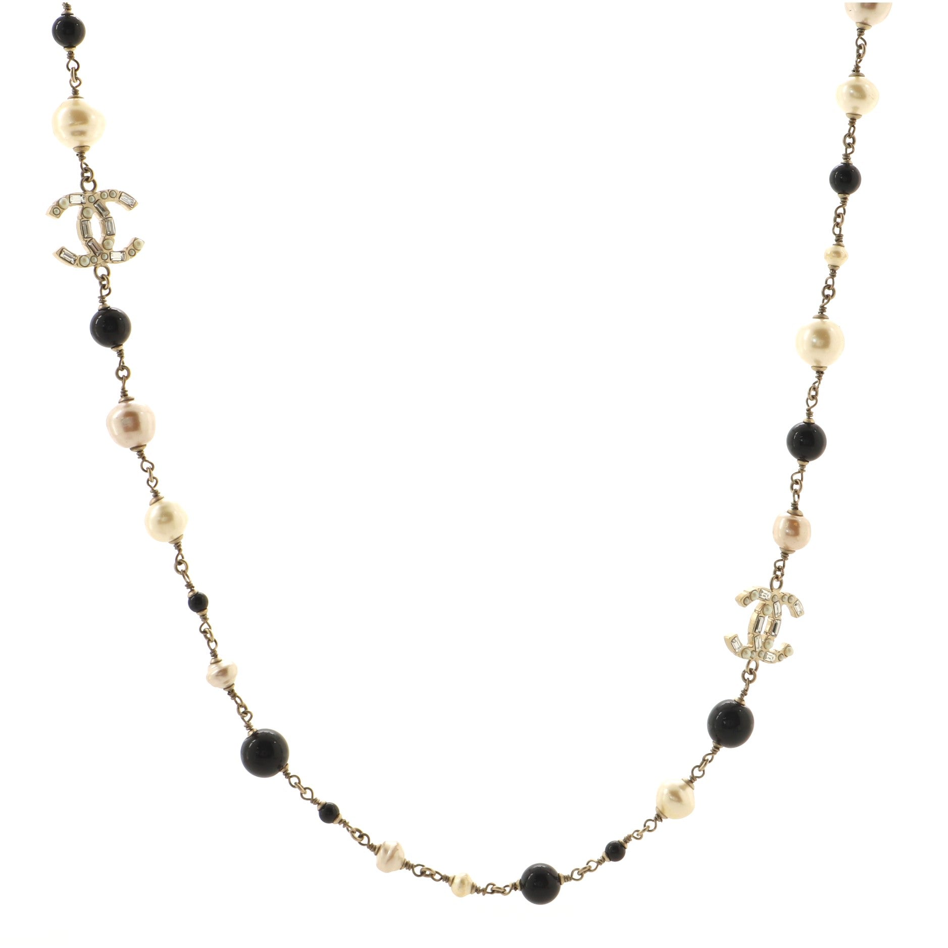 Long CC Necklace Faux Pearl with Beads and Crystal Embellished Metal