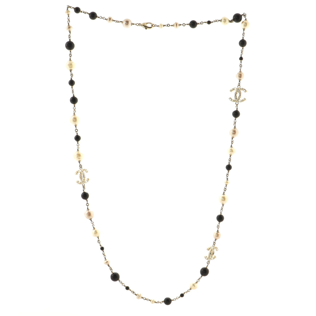 Long CC Necklace Faux Pearl with Beads and Crystal Embellished Metal