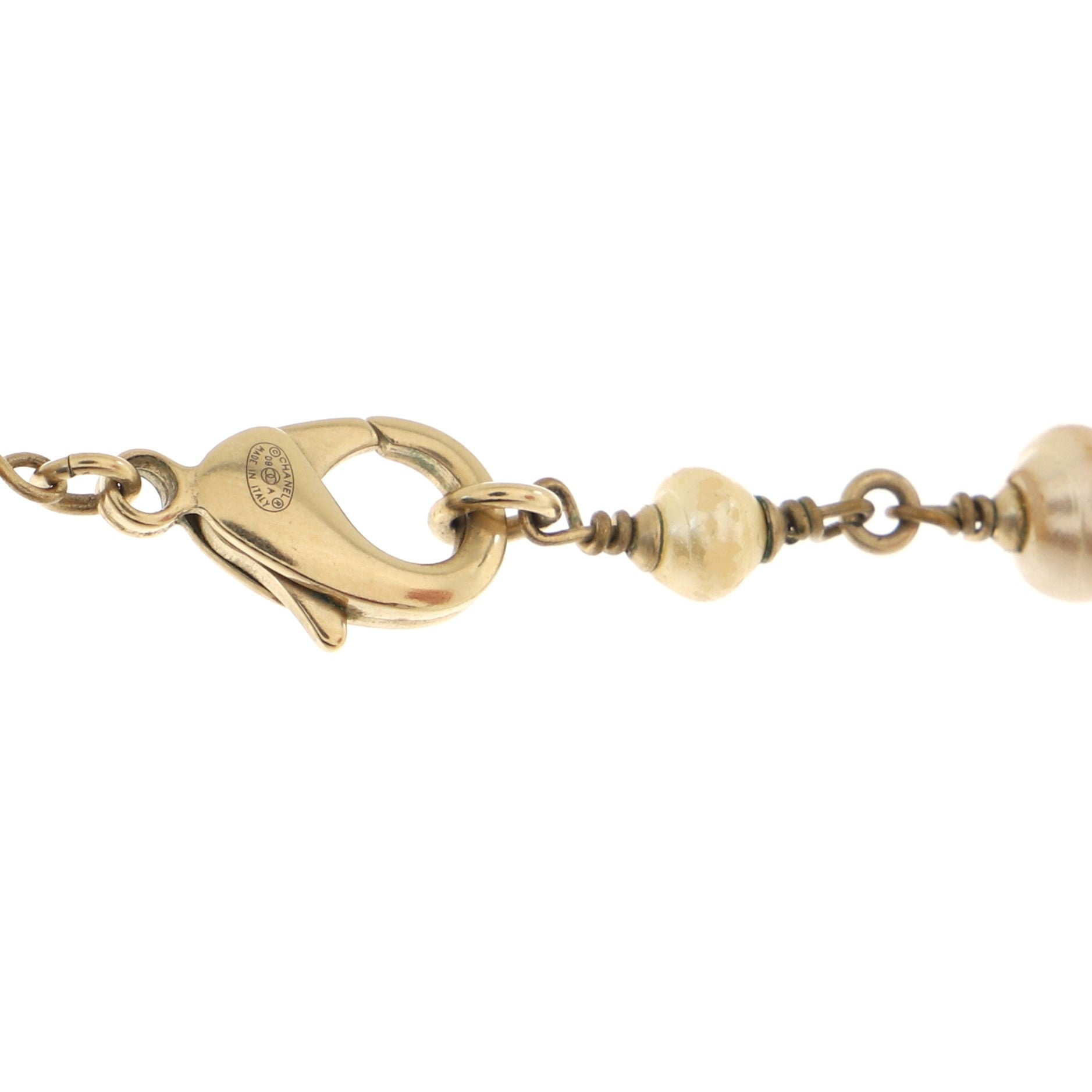 Long CC Necklace Faux Pearl with Beads and Crystal Embellished Metal