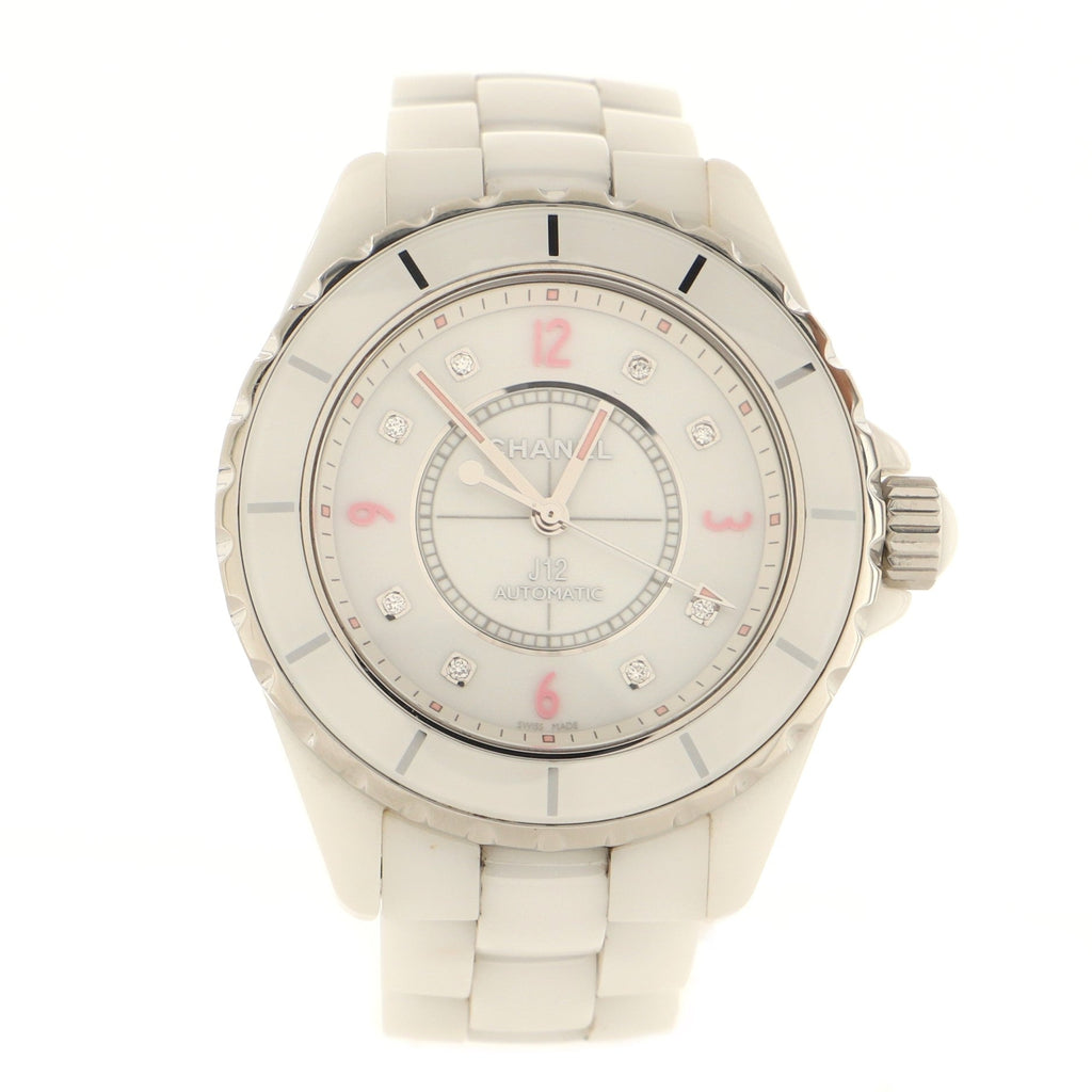J12 Pink Light Automatic Watch Ceramic and Stainless Steel with Diamond Markers 38