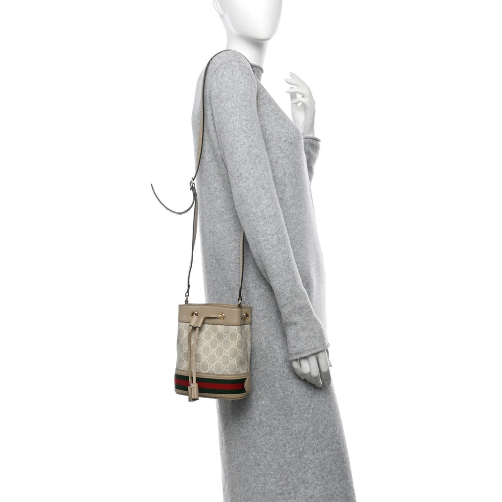 GG Supreme Monogram Textured Calfskin Web Mini Ophidia Bucket Bag Beige Mystic White Oatmeal