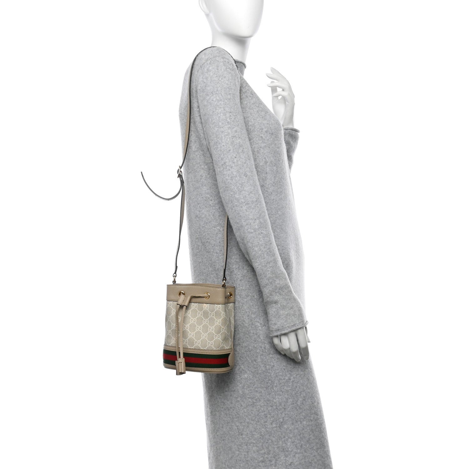 GG Supreme Monogram Textured Calfskin Web Mini Ophidia Bucket Bag Beige Mystic White Oatmeal