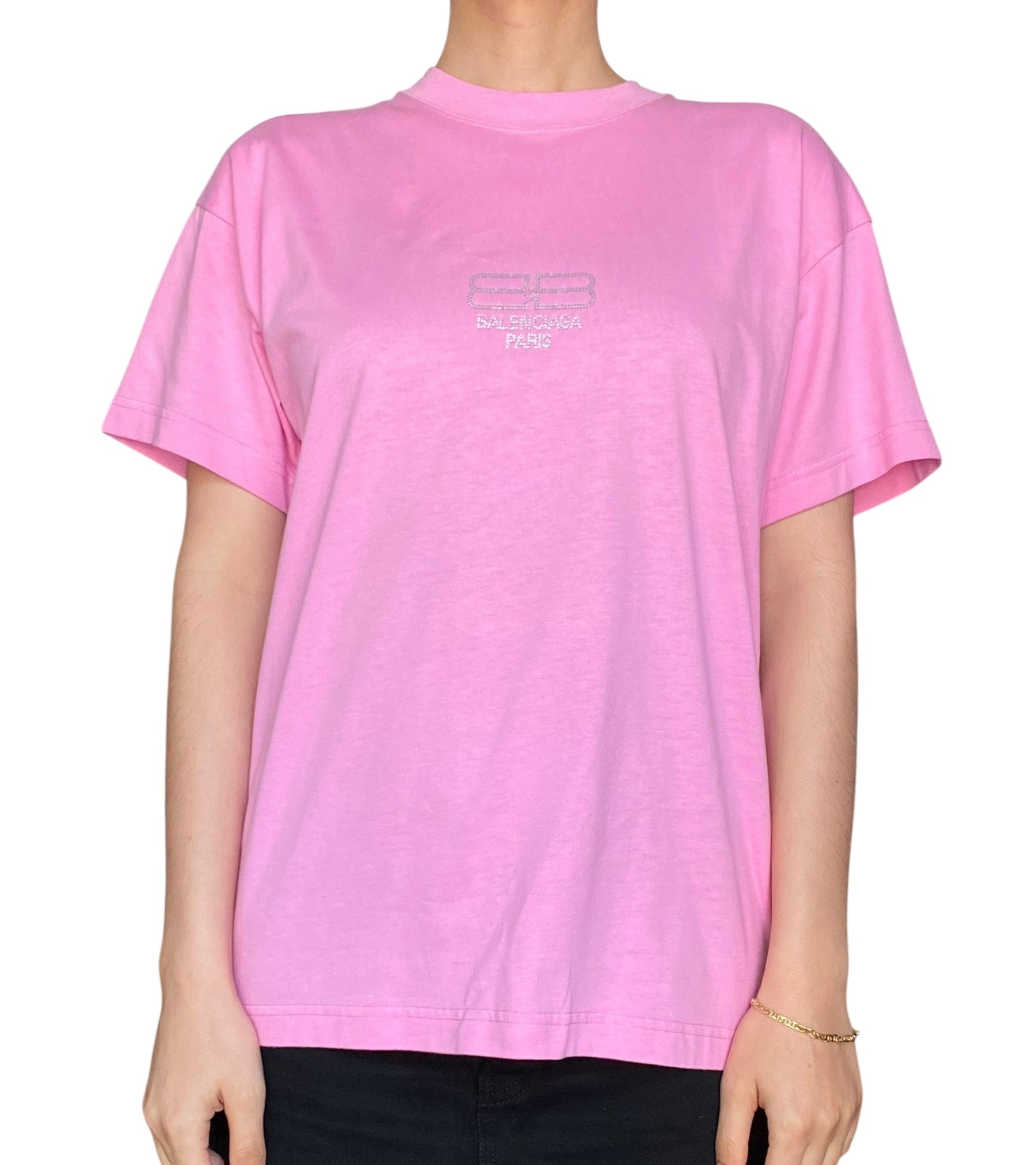 Balenciaga Pink Rhinestone Oversized Logo Tee - XS