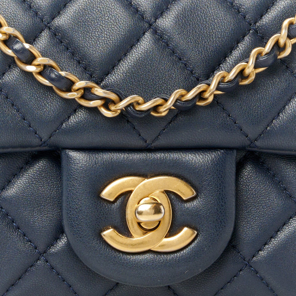 Lambskin Quilted Mini Pearl Crush Rectangular Flap Navy Blue