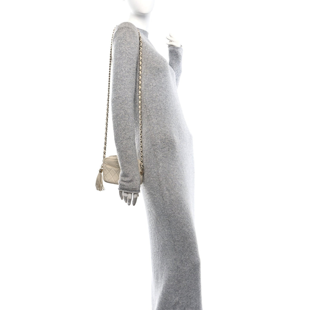 Caviar Quilted Mini Coco Tassel Camera Case White