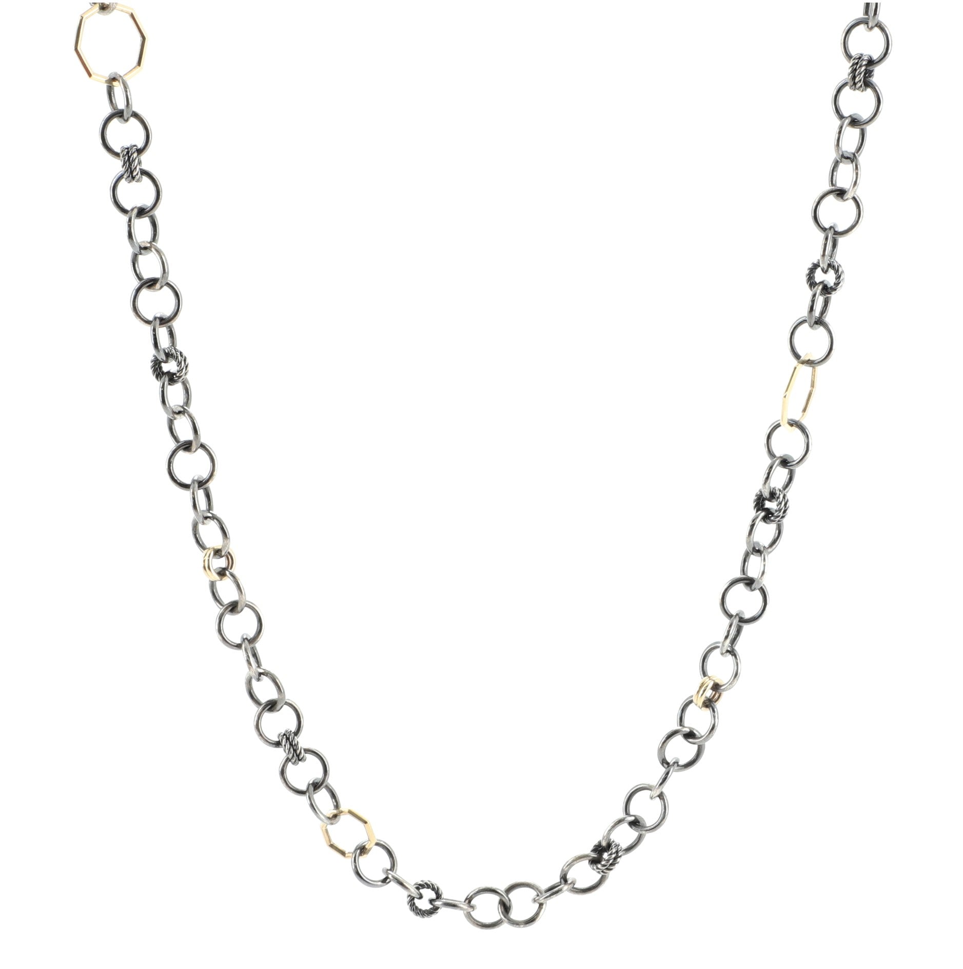 Stax Round Link Necklace Blackened Sterling Silver with 18K Yellow Gold