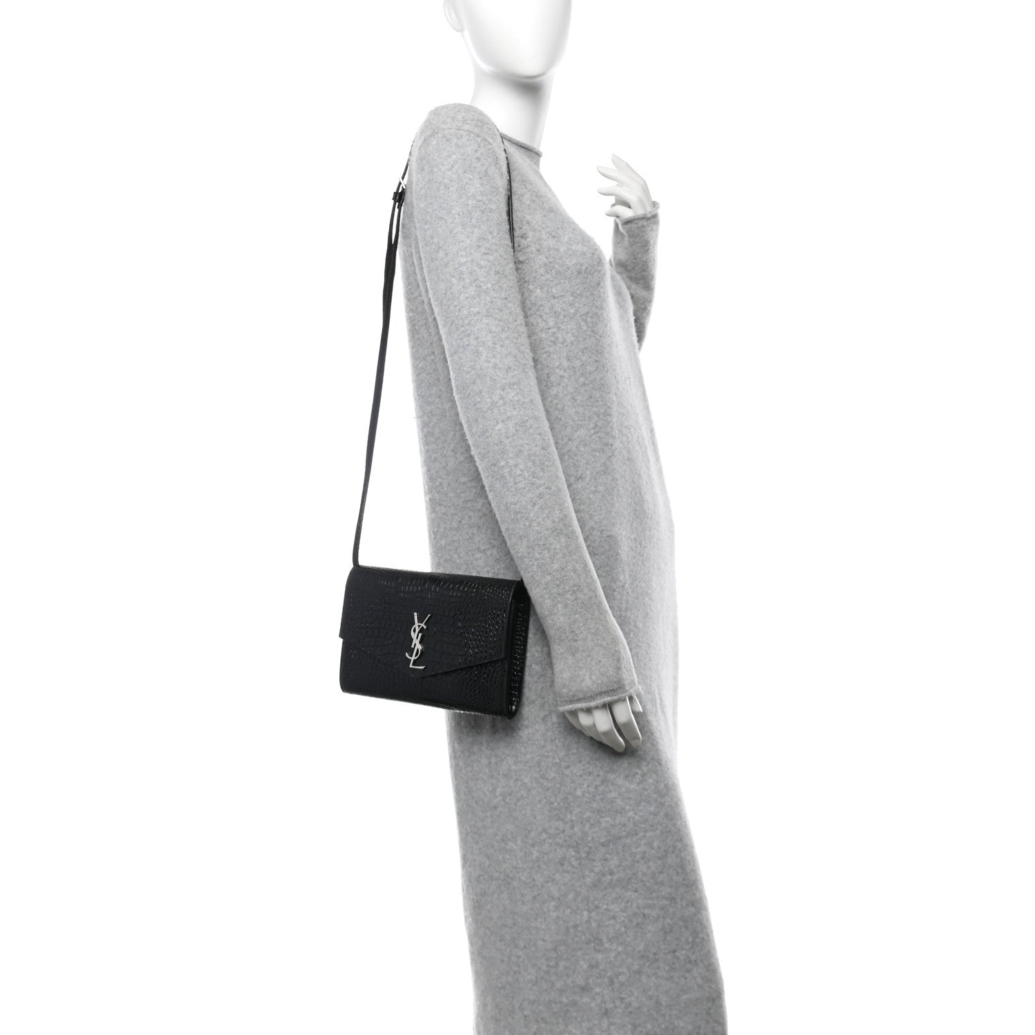 Calfskin Crocodile Embossed Monogram Uptown Crossbody Black