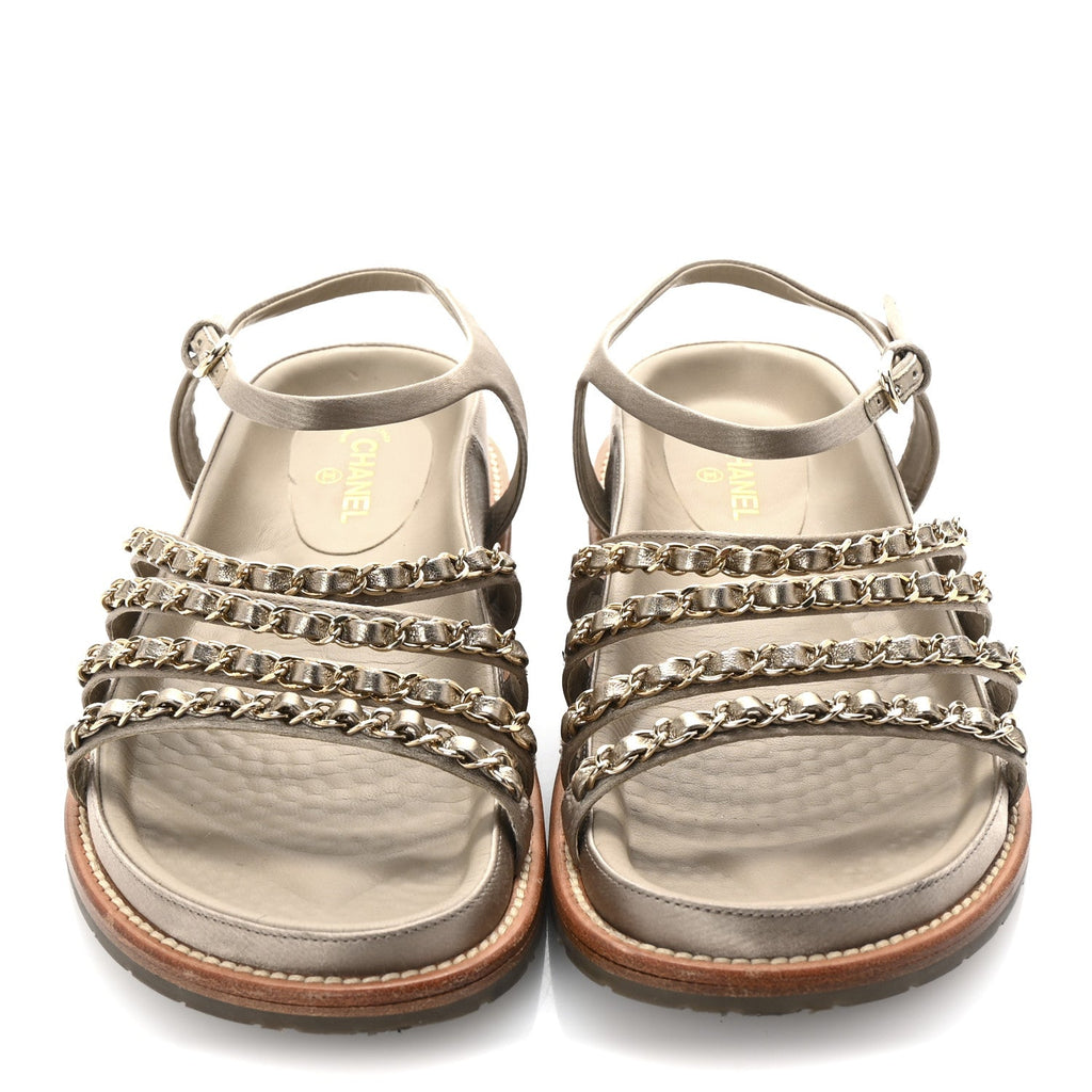 Satin Lambskin Chain Flat Sandals 37.5 Beige