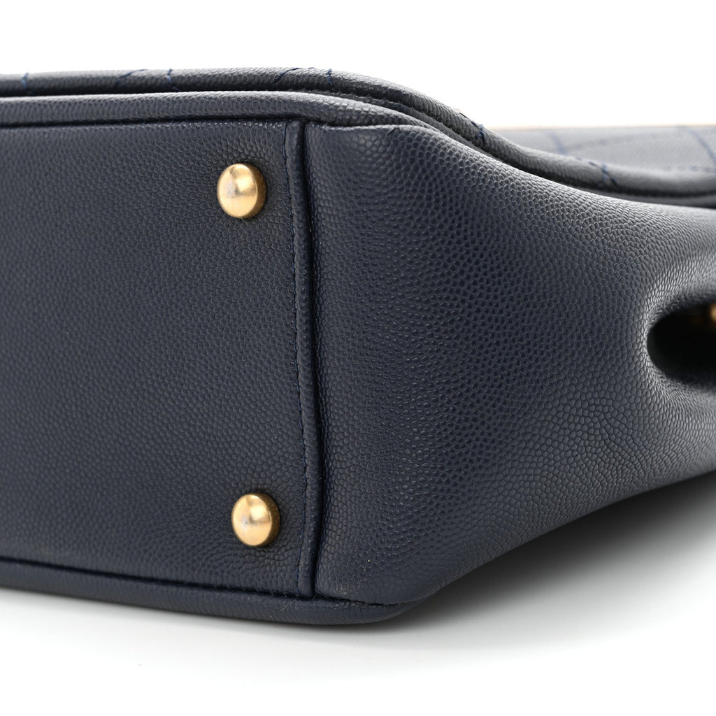 Grained Calfskin Stitched Small Lady Coco Top Handle Tote Navy