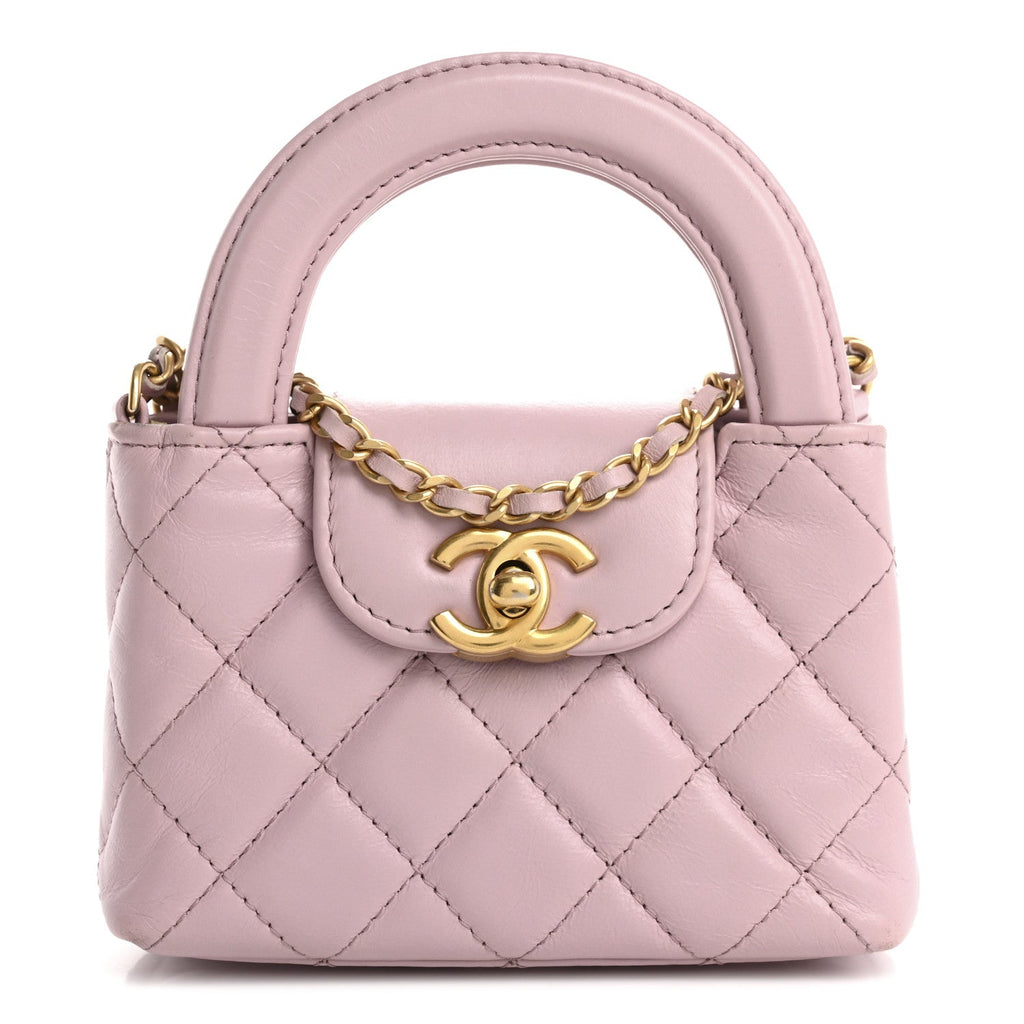 Shiny Aged Calfskin Quilted Mini Nano Kelly Shopper Light Pink